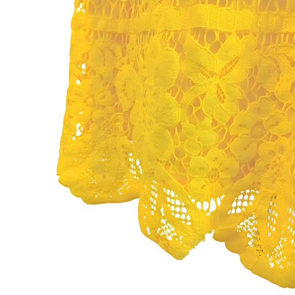 GB Yellow Lace Fit And Flare Mini Dress Size S Deep V Sleeveless Scalloped Hem - Picture 6 of 7